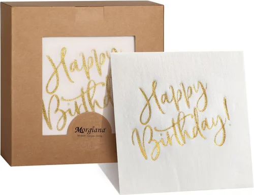 MORGIANA Happy Birthday Napkins, Luxury White Gold Birthday Dinner Napkins, Disposable Cocktail Napkins White, Linen Feel Birthday Party Napkin for