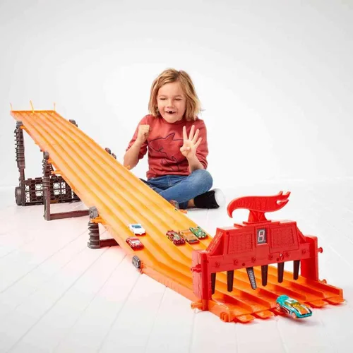 Miniatura 2 de Hot Wheels Juego de autos de juguete con luces, sonidos y 6 vehículos a escala 1:64, pista de carreras súper de 6 carriles, pista de 8 pies que se