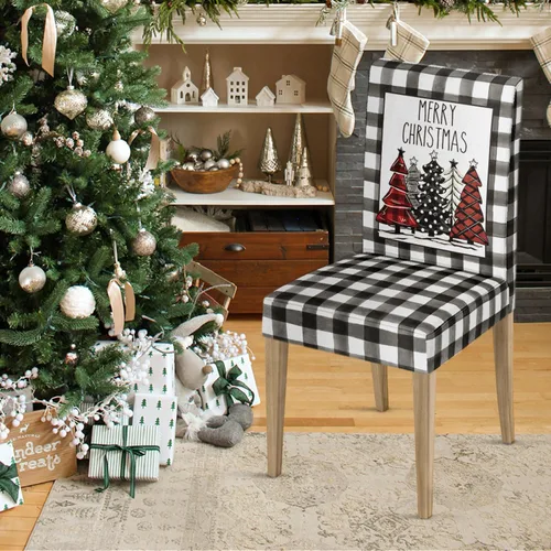 Miniatura 3 de Horaldaily 4 fundas para sillas de comedor de Navidad, diseño de árboles de búfalo negro, elástico, extraíble, lavable, protector de silla