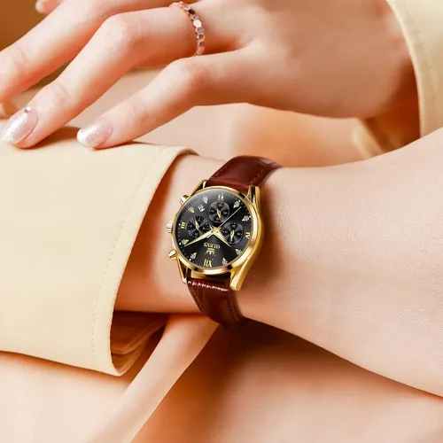 Miniatura 3 de OLEVS Reloj de pulsera para mujer, correa de cuero, reloj de cuarzo, cronógrafo, fecha, impermeable, luminoso, regalo para mujer