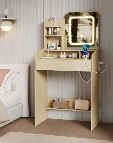 Escritorio pequeño de maquillaje para niñas con espejo iluminado, tocador de 26.5 pulgadas de ancho con 2 cajones y toma de corriente, 3 modos de