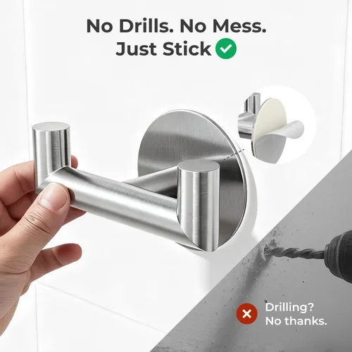 Miniatura 4 de GWAAZXGZ Paquete de 2 ganchos de baño de níquel cepillado para toallas, ganchos dobles autoadhesivos para pared, sin taladrar, acero inoxidable 304
