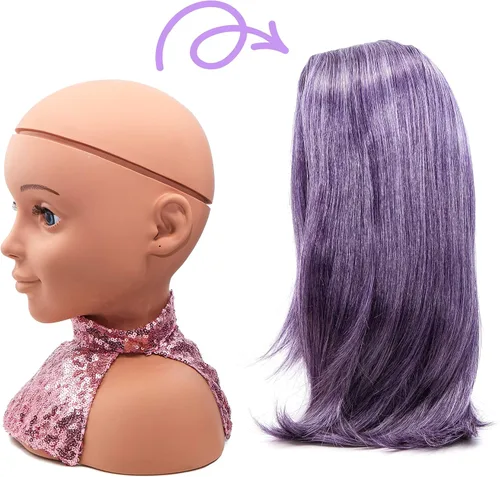 Miniatura 2 de I'm A Stylist Styling Head Deluxe Lola - Cabeza de maniquí de muñeca, peluca intercambiable, pelo morado de fibra sintética incluye pestañas