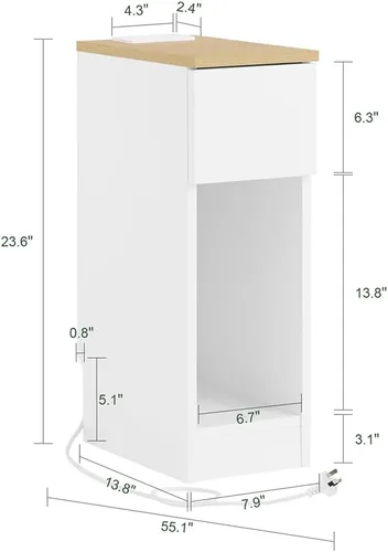 Miniatura 3 de SoBuy Mesita de noche estrecha con estación de carga, mesita de noche delgada con cajones, puertos USB y tipo C para dormitorio y sala de estar