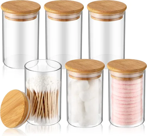 Miniatura 7 de Paquete de 6 tarros de boticario de vidrio con tapas, accesorios de baño de bambú, bolas de algodón, almohadillas para hisopos, frascos de baño