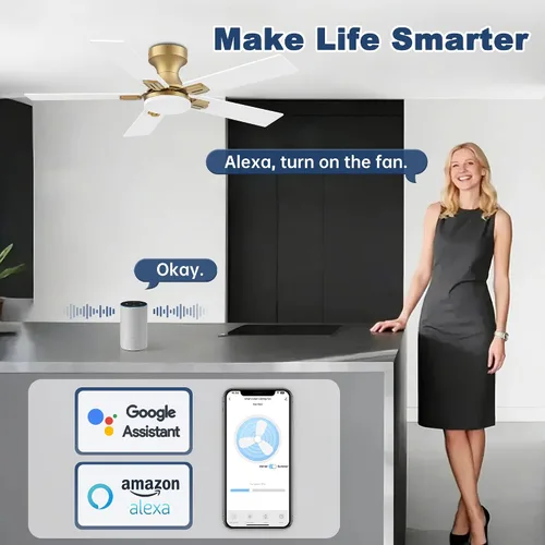 Miniatura 3 de Ventilador de techo inteligente de perfil bajo de 42 pulgadas con luces y control remoto, motor DC silencioso, control de voz WiFi a través de Oro