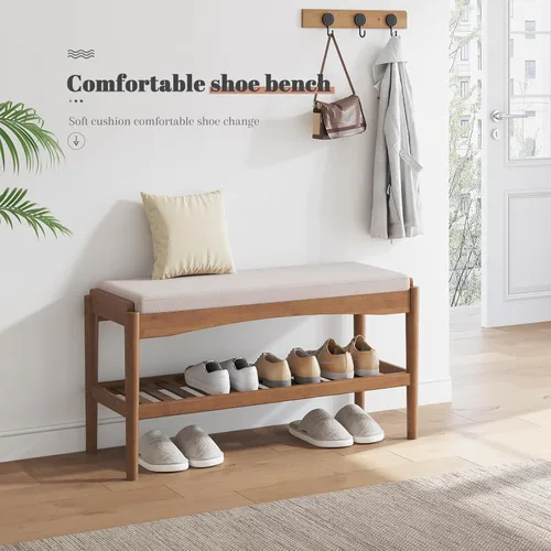 Miniatura 4 de STDDRE Banco de zapatos de entrada de bambú de 2 niveles con cojín de asiento acolchado, banco de zapatos, organizador estable para entrada, Marrón