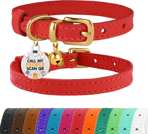 Miniatura 16 de BRONZEDOG Collar de cuero para gato con campanas extraíbles sin liberación rápida, etiqueta QR para gatito para niña y niño
