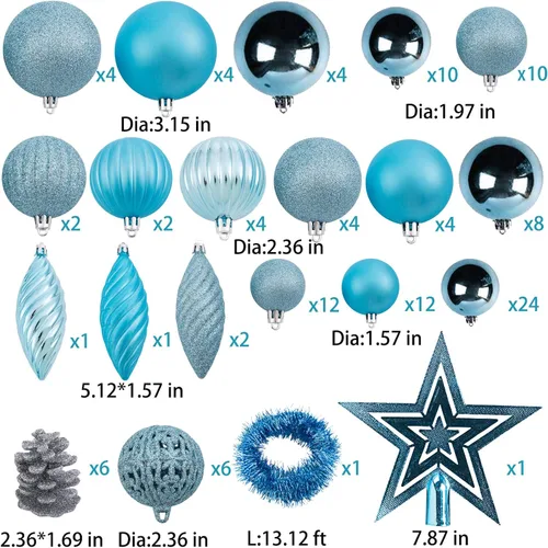 Miniatura 6 de Ogrmar Juego de adornos de bola de árbol de Navidad de 119 quilates, formas y tamaños surtidos, decoración colgante inastillable con paquete de Azul