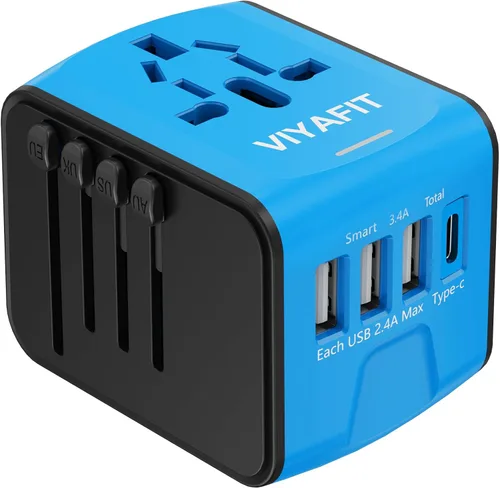 Adaptador de corriente de viaje internacional universal, cargador de pared todo en uno con alta velocidad 2.4A 3xUSB, 3.0A Tipo-C, adaptador
