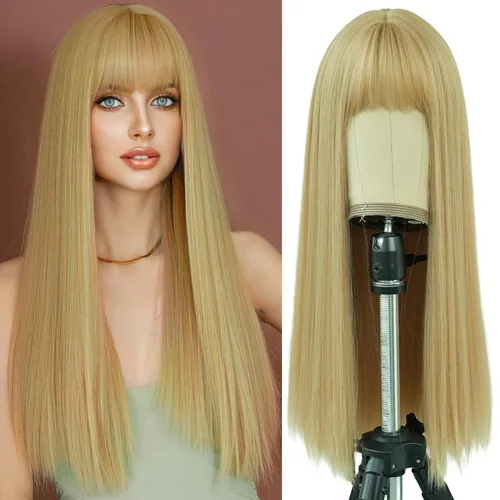 Miniatura 26 de 7JHH WIGS - Peluca de cabello sintético largo y liso con flequillo para mujer, aspecto natural (22 pulgadas, té negro)