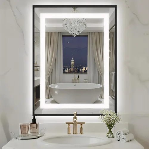 Espejo de baño LED de 24 x 32 pulgadas con luces, espejo de tocador de baño con marco negro con luz frontal + retroiluminación para pared, vidrio