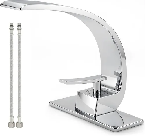 Miniatura 11 de Grifo de lavabo de baño moderno de un solo orificio de 1 manija, grifos de latón macizo de níquel cepillado, grifo mezclador de montaje curvado