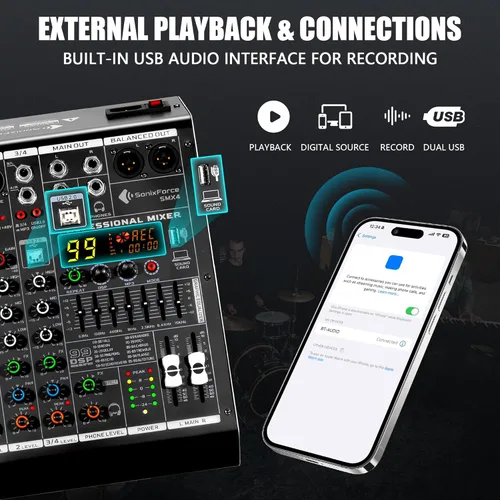 Miniatura 4 de Mezclador de audio de 4 canales, consola de tablero de sonido 99 DSP con alimentación Phantom de 48 V, mezclador DJ profesional para podcasting