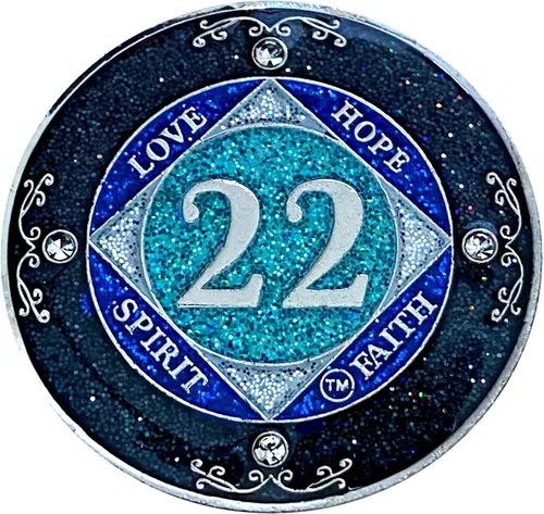 Miniatura 26 de NA 1 año de cristales y medallón de purpurina, moneda chapada en color plateado, arco iris negro, purpurina azul y cuatro cristales transparentes