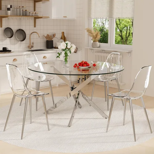 Miniatura 7 de Juego de mesa de comedor de cristal redondo transparente para 4, juego de mesa de cocina circular de 5 piezas, juego de mesa de comedor circular