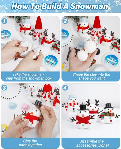 Miniatura 7 de Kit de 16 piezas de muñeco de nieve, construye un muñeco de nieve para niños, manualidades de Navidad, manualidades creativas de arcilla seca al