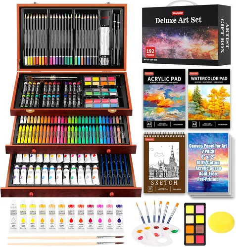 Soucolor Suministros de arte, paquete de 192 suministros de arte de lujo, kit de suministros de pintura con almohadilla acrílica, almohadilla de