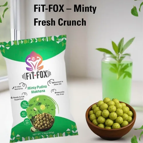 Miniatura 7 de FIT FOX Minty Pudina Makhana, paquete de 3 (1.76 onzas cada uno) Nueces de zorro asadas (semillas de loto) Sabor refrescante a menta Tostado