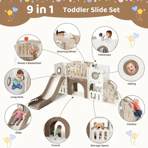 Miniatura 3 de Arlopu Juego de Tobogán 9 en 1 para Niños Pequeños, Set de Juego de Escalador y Tobogán Grande para Niños con Pendiente Larga, Telescopio, Espacio