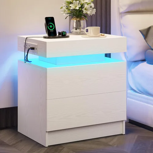 Miniatura 7 de LIKIMIO Mesita de noche con estación de carga, mesita de noche moderna en negro con luz LED y cajones, mesas de cabecera/mesa auxiliar