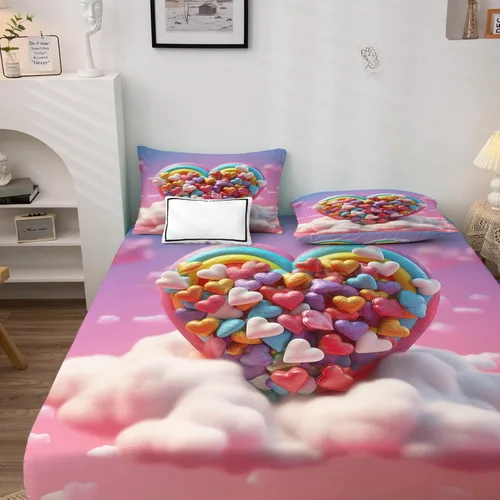 Miniatura 2 de Juego de sábanas de 3 piezas con diseño de corazón y nubes de arcoíris, tamaño individual, sábanas y fundas de almohada, sábana bajera ajustable