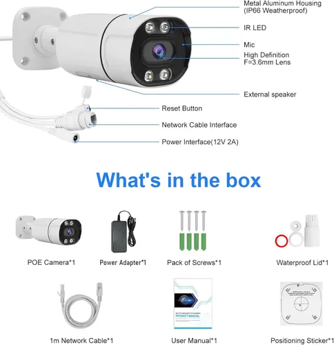 Miniatura 9 de JideTech Cámara bala IP PoE de 5MP para exteriores, visión nocturna IR/color de 120 pies, audio de 2 vías, detección de vehículos y humanos AI