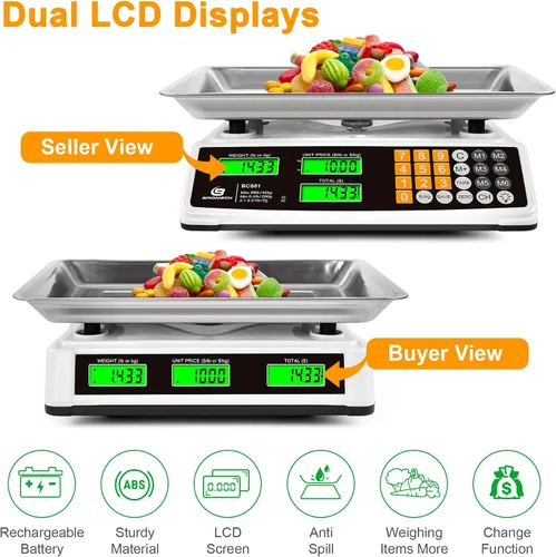 Miniatura 3 de Báscula de cálculo de precios 88lb/40kg Báscula comercial de alimentos para productos agrícolas y carne con plataforma grande de acero inoxidable