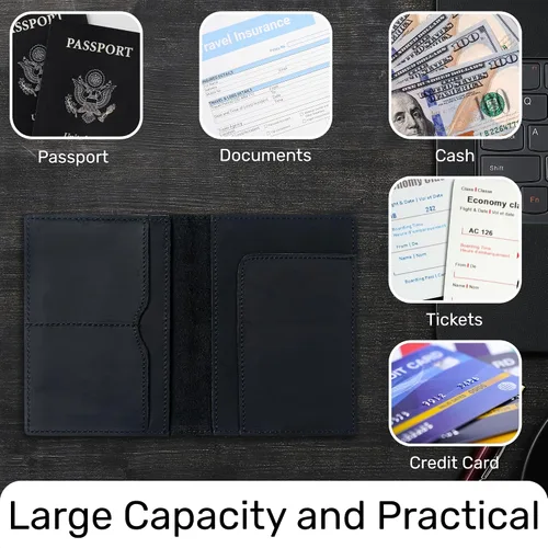 Miniatura 5 de HIFA Funda de cuero para pasaporte, funda para pasaporte hecha a mano con ranura para tarjetas y boletos, piel auténtica, diseño elegante, fácil