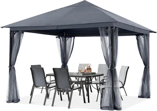 Miniatura 13 de ABCCANOPY Gazebo para patio al aire libre, 11 x 11 pies, toldo de doble techo con mosquitera para patio trasero, terraza, jardín, césped, gris oscuro
