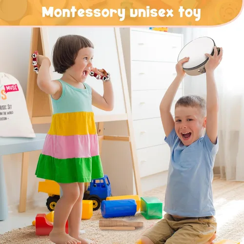 Miniatura 6 de Stoie's Instrumentos musicales de madera para niños pequeños con tambor, flauta, campanas de mano, platillos, castañuelas, triángulo, para bebés