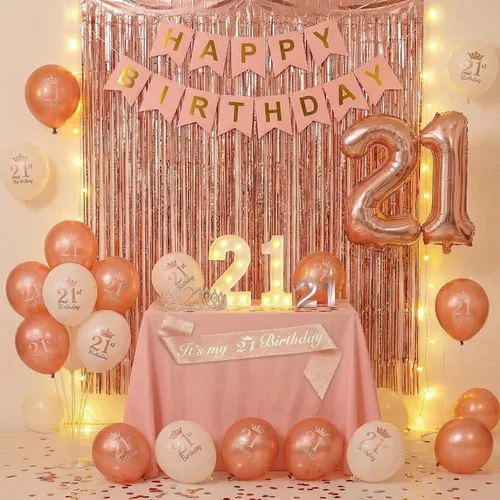 Miniatura 8 de Decoraciones de cumpleaños número 21 para ella: banda de oro rosa, corona, adorno de pastel, velas digitales, juego de globos, tarjeta de cumpleaños