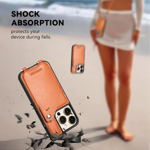 Miniatura 4 de LUCKYCOIN Funda tipo cartera cruzada para iPhone 14 Pro, funda de piel auténtica con protección contra caídas para mujer, con tarjetero expandible
