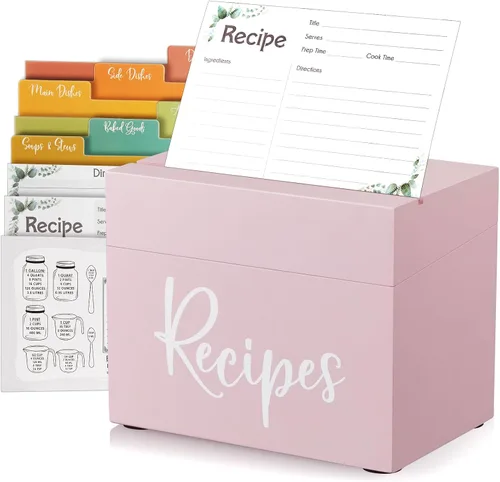 Miniatura 13 de DRASTAR Caja de tarjetas de recetas, soporte para recetas de acacia de 4 x 6, organizador de recetas con 50 tarjetas y 6 divisores, caja de tarjetas