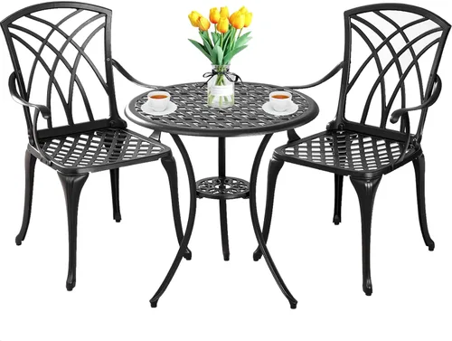 Miniatura 13 de Juego de mesa y sillas de patio para exteriores de 3 piezas, para todo tipo de clima, juegos de bistró de aluminio fundido con agujero