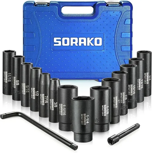 SORAKO- Juego de llaves de vaso de impacto de 1/2 pulgada, juego de llaves profundas SAE (3/8 pulgadas a 1-1/14 pulgadas), incluye barra de
