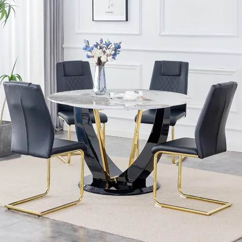 Miniatura 35 de JUFU Juego de mesa de comedor redonda para 4, mesa de comedor de 48 pulgadas con mesa de mármol sintético y 4 sillas tapizadas, moderno juego