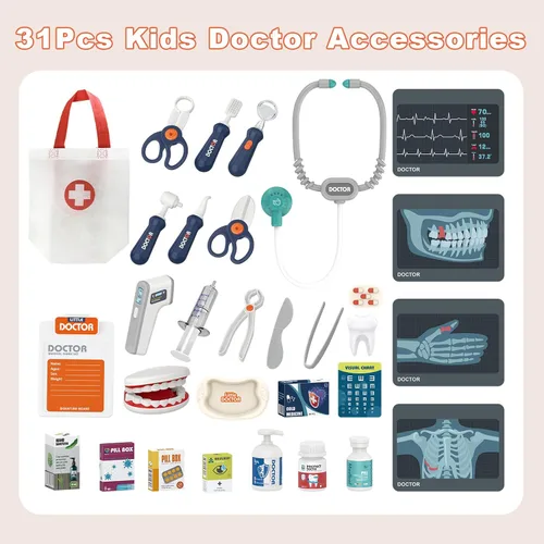 Miniatura 7 de RedCrab Kit de Doctor para Niños, Juego de Doctores para Niños de 32 Piezas con Carrito Médico, Estetoscopio, Termómetro y Jeringa, Juguete de Juego