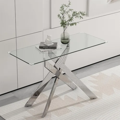 Miniatura 13 de Mesa de centro rectangular moderna de cristal, mesa central de vidrio templado y patas de metal chapado en oro para sala de estar, oficina en casa
