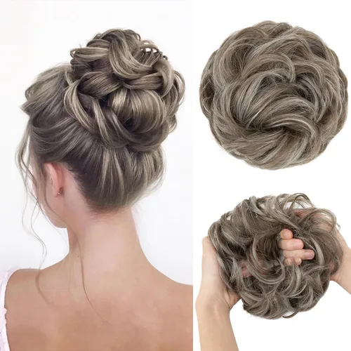 Miniatura 49 de CJL HAIR Extensiones de cabello sintético de moño desordenado, ondulado, rizado, grueso, para coleta, para mujer (rubio blanco)