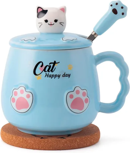 Miniatura 8 de Bgbg Linda Taza de Gato, Taza de Café Té Leche de Cerámica con Tapa de Gatito Adorable, Cuchara de Garra Kawaii, Alfombrilla de Anime, Cosas