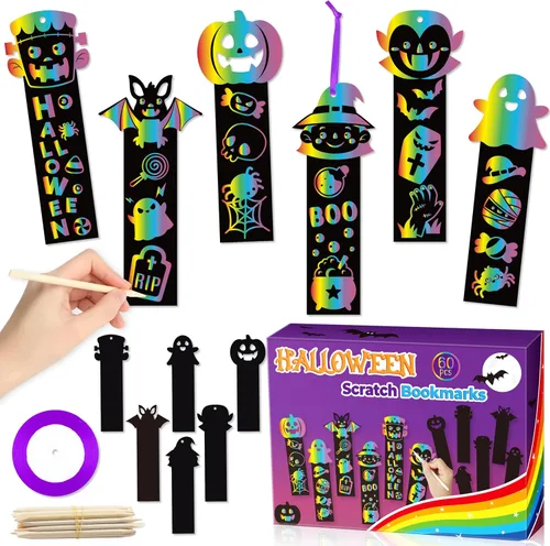 BeYumi Juego de 60 marcapáginas de rascar de Halloween para niños, bricolaje, calabaza, murciélago, bruja, Frankenstein, espeluznante, vampiro,
