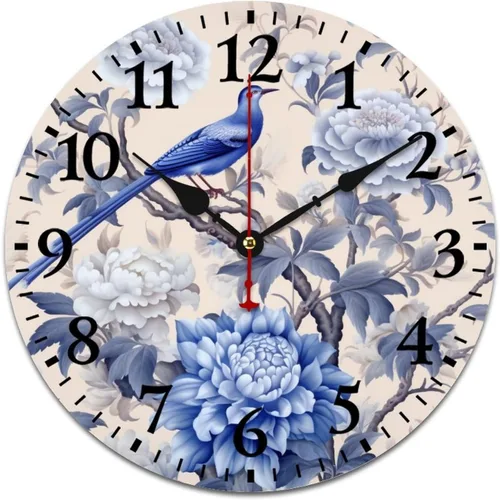Chinoiserie - Reloj de pared de madera moderno con patrón floral azul y blanco, flores y pájaros, funciona con pilas, con movimiento de cuarzo, azul