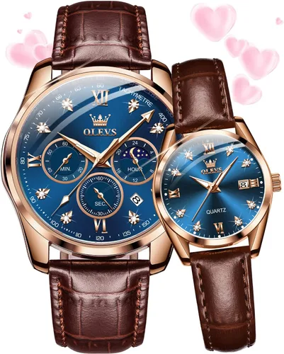 Miniatura 11 de OLEVS Juego de 2 relojes de cuarzo para parejas de San Valentín, para él y ella, cronógrafo de cuero, con diamantes para hombres, mujeres, amantes