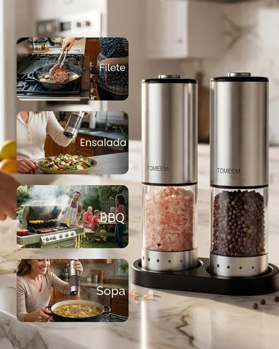 Miniatura 7 de TOMEEM Rechargeable Electric Salt and Pepper Grinder Set, 115ml Large Capacity Stainless Steel Automatic Pepper Mill with Storage Base, LED Display