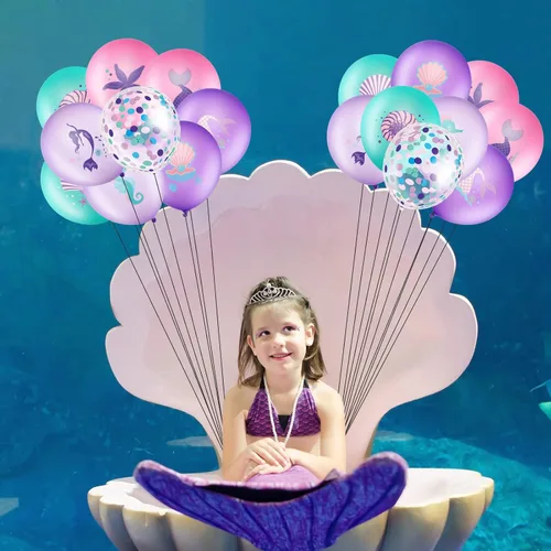 Miniatura 4 de Zomiboo Juego de 36 globos de sirena de 12 pulgadas, globos de confeti de sirena, morado, rosa, verde, verde azulado para niños, princesa, niña
