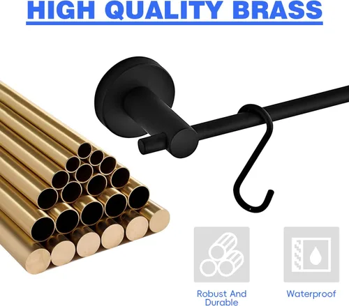 Miniatura 3 de Toallero de 21.6 pulgadas con 5 ganchos en forma de S, toallero de acero inoxidable negro para baño y baño, montado en la pared, para ollas