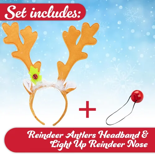 Miniatura 2 de Christmas Holiday Reindeer Antlers Headband w Light Up Nose Costume Deer Rudolph Outfit for Adult Men Women, Kids Party Favor
