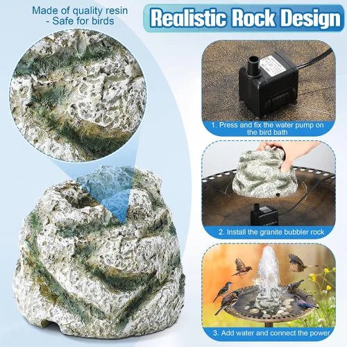 Miniatura 4 de Fuente de baño para pájaros, fuentes de agua de baño de pájaros con bomba de agua de 7 W, fuente de agua de granito de resina de musgo gris, cascada