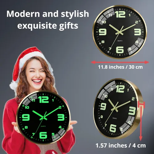 Miniatura 2 de Reloj de pared de 12 pulgadas con batería, sin tictac, con iluminación en la oscuridad, fuente grande fácil de leer, visible en la noche, marco